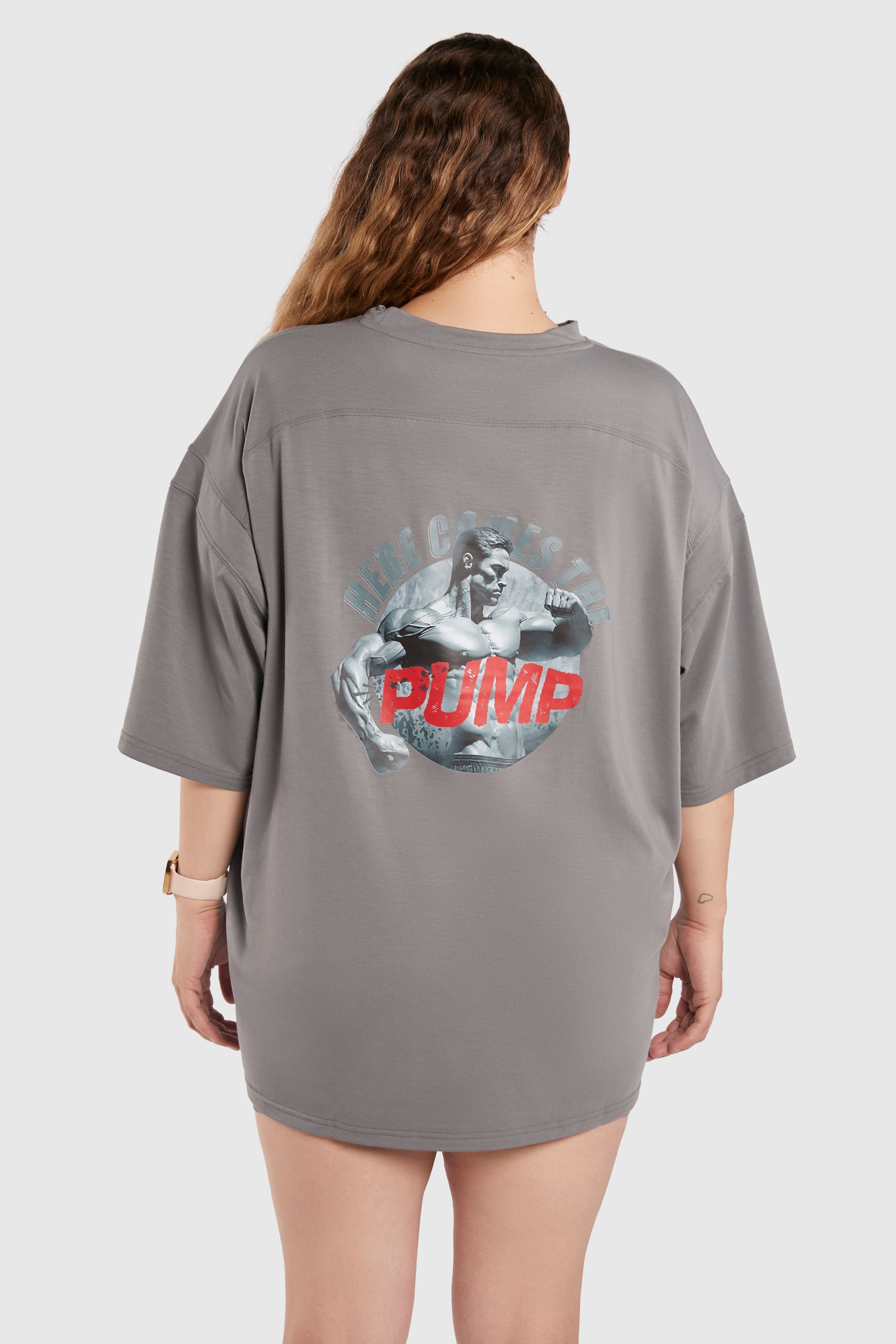 Graphic Oversized Tee - Here Comes the Pump - Poppy Seed Grey