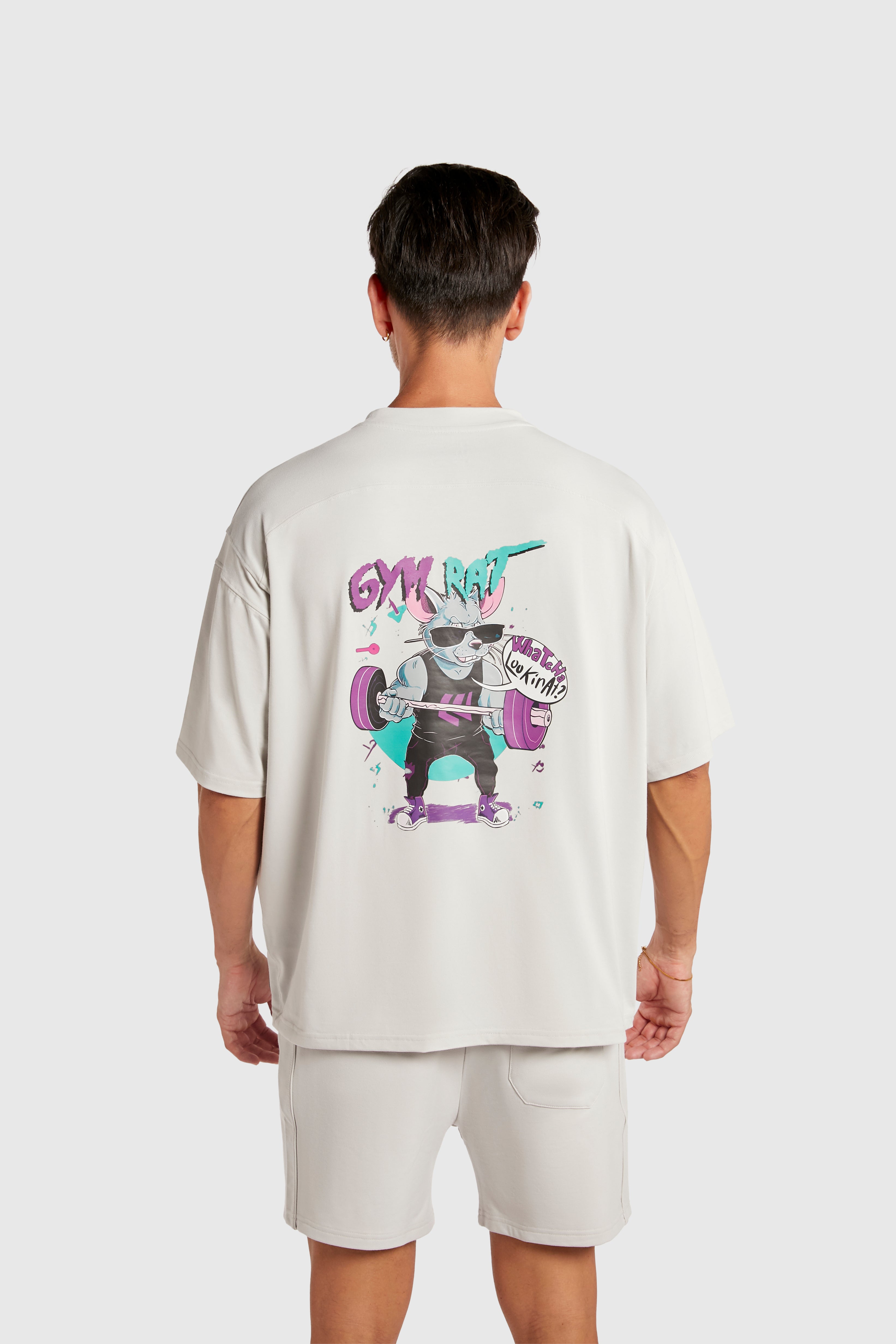 Graphic Oversized Tee - Gym Rat - Glacier Grey